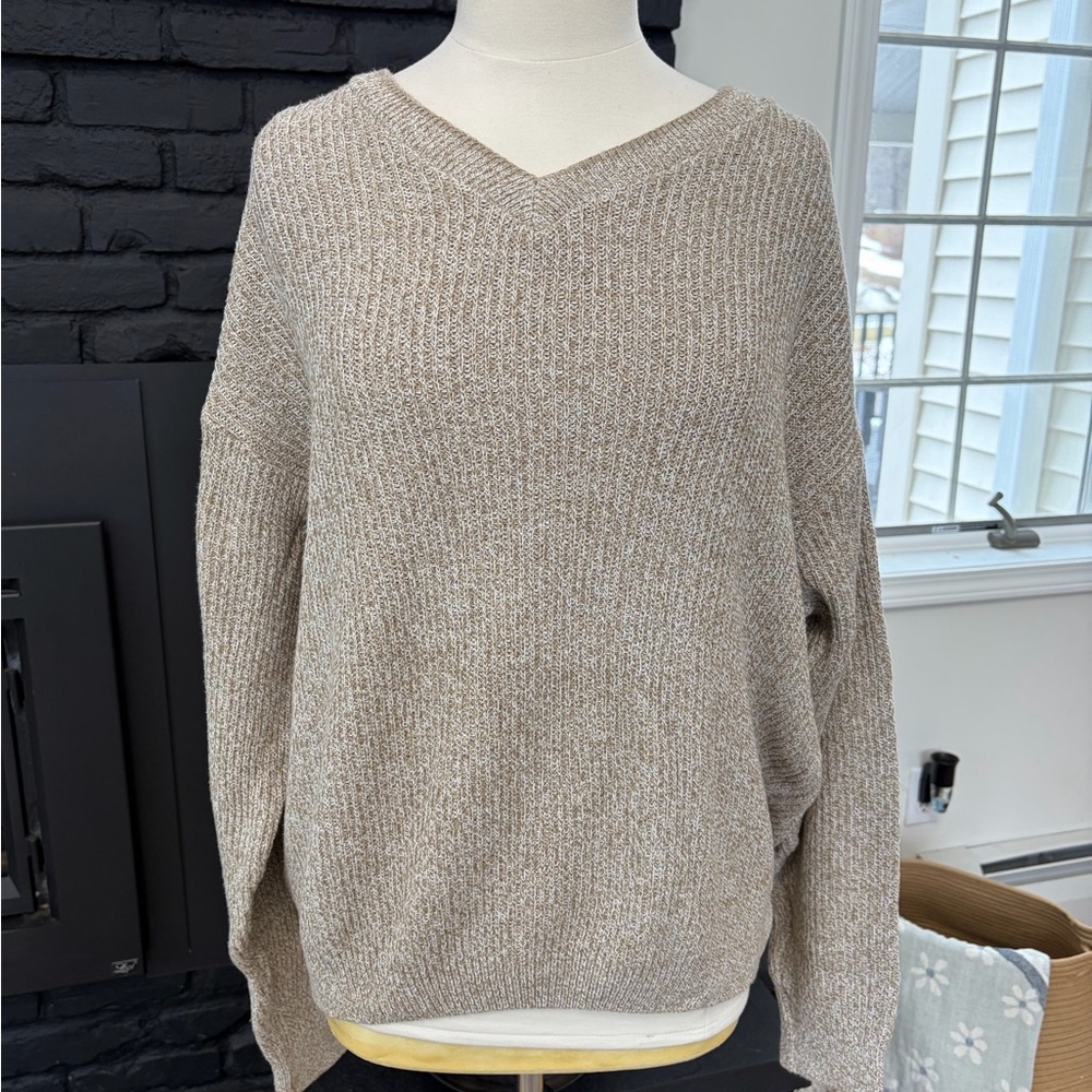 L.L. Bean ribbed tan and white long sleeved crewneck sweater made in America